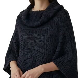 Chunky Black Knit Poncho Sweater 3/4 Sleeve Cowl Neck Cable Knit OS Turtleneck